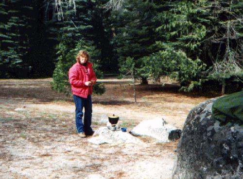 Lois in morning in Little Yosemite.  [44 kb]