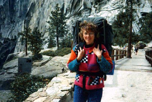 Lois ready to hike.  [45 kb]